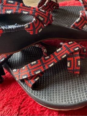 Chaco Women's Blue Sandals with Red and White Geometric Straps